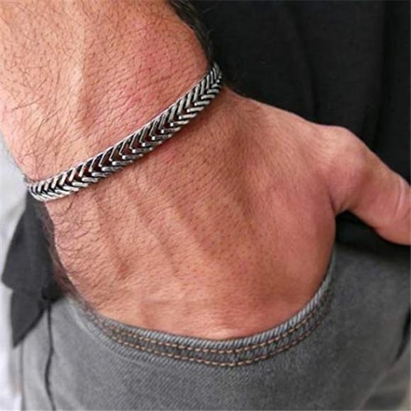 Cuff Chain Stainless Steel Silver Bracelet Men Non-Rust Men's Silver Bracelets - Picture 2 of 9